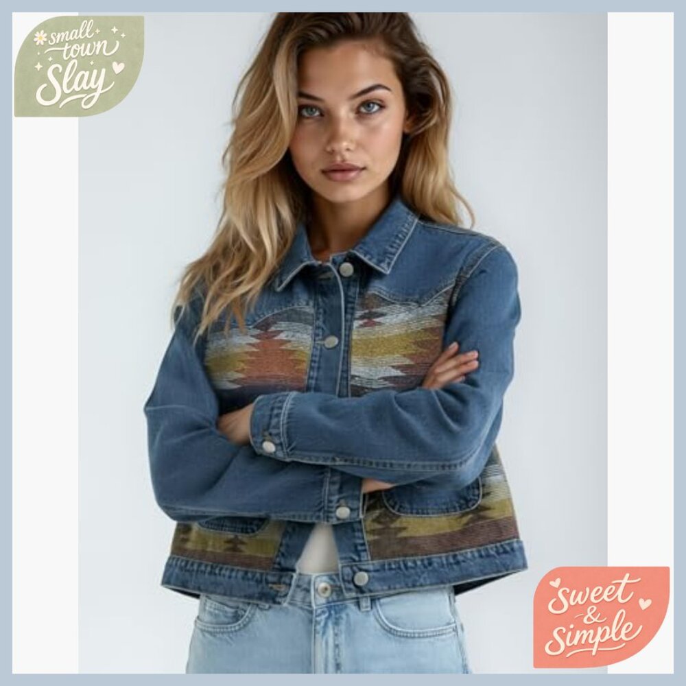 Cropped Denim Jacket with Tribal Patchwork Design… - image 2